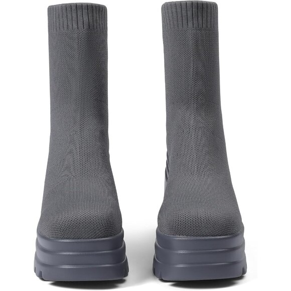⚡Women Grey Knit Square Toe Stretch Soft Block High Heel Punk Dress Sock Boots - Picture 2 of 6